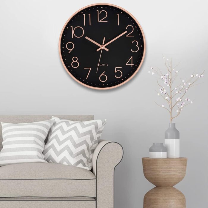 12" Wall Clock Silent & Large Wall Clocks for Living Room Office Home Kitchen Decor Modern Style & Easy to Read - Rose Gold &Black - Image 4