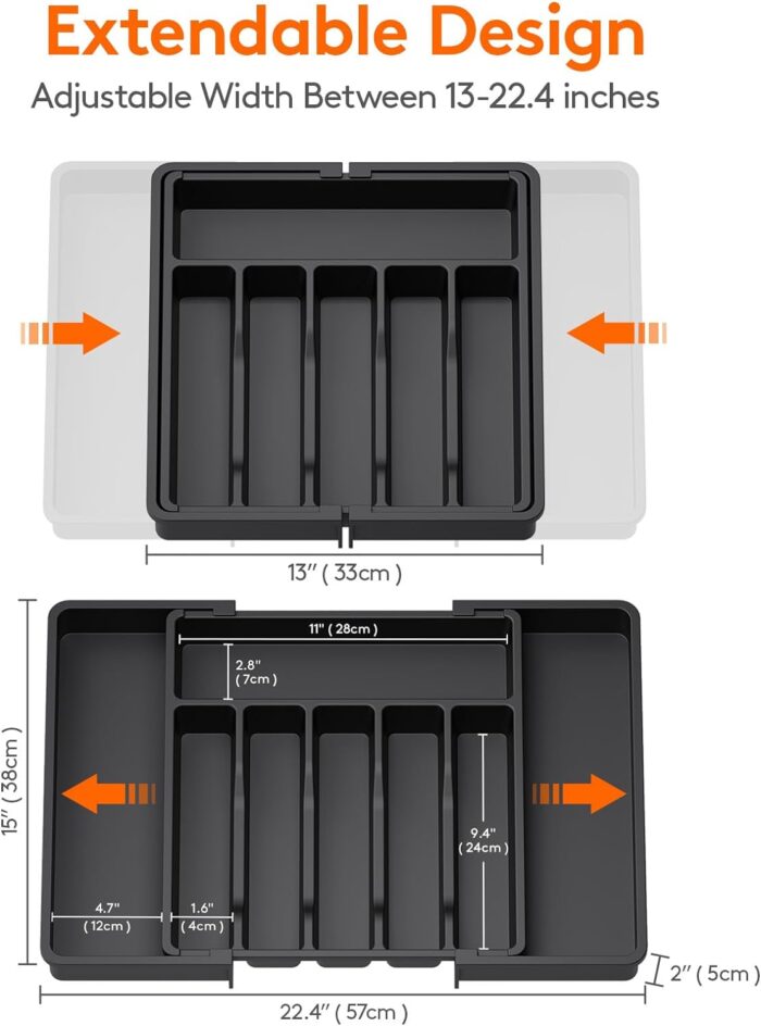 Lifewit Cutlery Drawer Organiser, Expandable Utensil Tray for Kitchen, Adjustable Silverware and Flatware Holder, Compact Plastic Storage for Spoons Forks Knives, Large, Black - Image 3