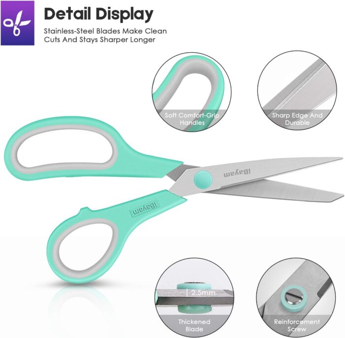 8" Multipurpose Scissors 3 Pack with Ultra Sharp Blades, Comfort-Grip Handles, Sturdy for School Home Office Art Craft Sewing Tailor Heavy Duty - Image 3