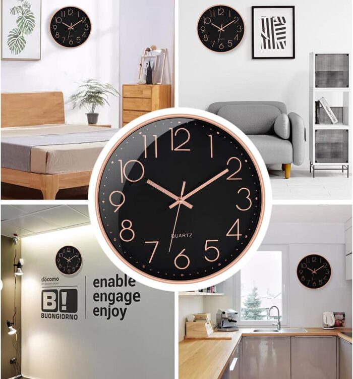 12" Wall Clock Silent & Large Wall Clocks for Living Room Office Home Kitchen Decor Modern Style & Easy to Read - Rose Gold &Black - Image 3