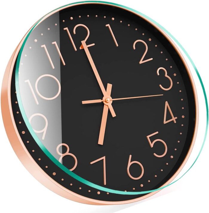 12" Wall Clock Silent & Large Wall Clocks for Living Room Office Home Kitchen Decor Modern Style & Easy to Read - Rose Gold &Black - Image 2