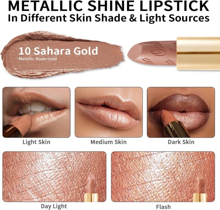 OULAC Metallic Shine Glitter Lipstick, Nude High Impact Lipcolor, Lightweight Soft and Ultra Hydrating, Long Lasting, Vegan & Cruelty-Free, Full-Coverage Lip Color 4.3 g/0.15 Sahara Gold(10) - Image 5