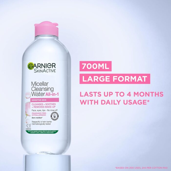 Garnier Micellar Cleansing Water, Gentle face Cleanser & Makeup Remover, Fragrance-Free, Vegan Formula, Suitable For All Skin Types, Even Sensitive, Skin Active, 700ml - Image 2