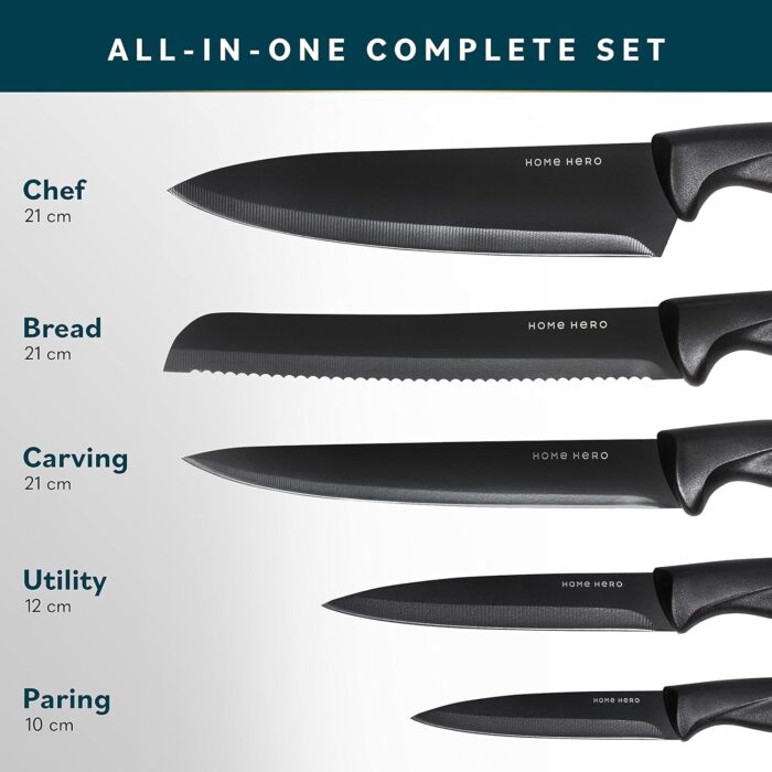 Home Hero Ultra-Sharp Stainless Steel Kitchen Knife Set - Chef Knives Set (7 pcs Set - Black with Knife Block) - Image 7