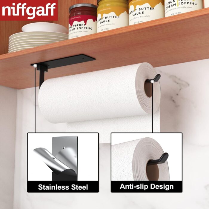 Black Kitchen Roll Holder Under Cabinet,Stainless Steel Paper Towel Holder for Kitchen Self-Adhesive Wall Mounted Paper Towel Rack, Suitable for Pantry, Kitchen,Bathroom - Image 6