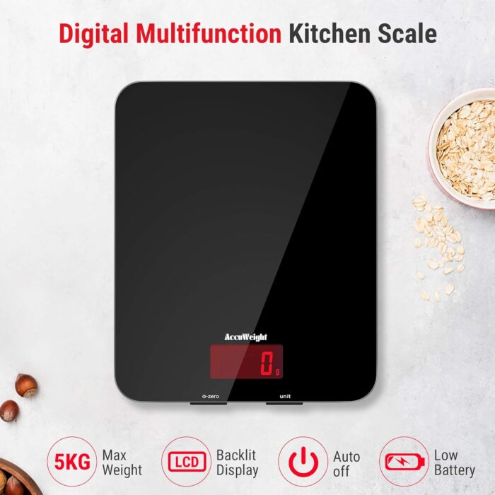 ACCUWEIGHT 201 Digital Kitchen Scales with Tempered Glass Platform Electronic Weighing Food Scale with Backlit LCD Display Multifunctional, for Office School Home Baking Cooking, 5kg/11lb - Image 7