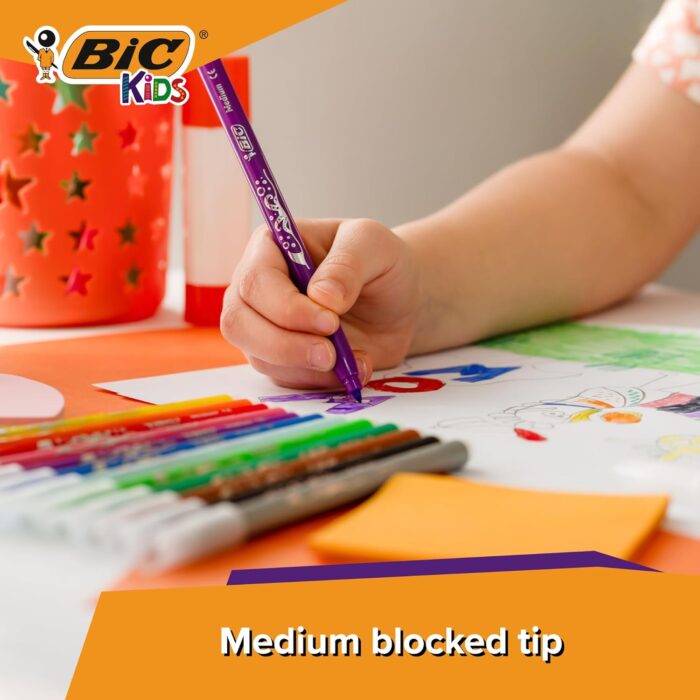 BIC Kids Felt Tip Pens, Kid Colour with Medium Blocked Tip, Vivid Colouring Pens, Washable Markers, Back to School Supplies, 24 Pack - Image 5