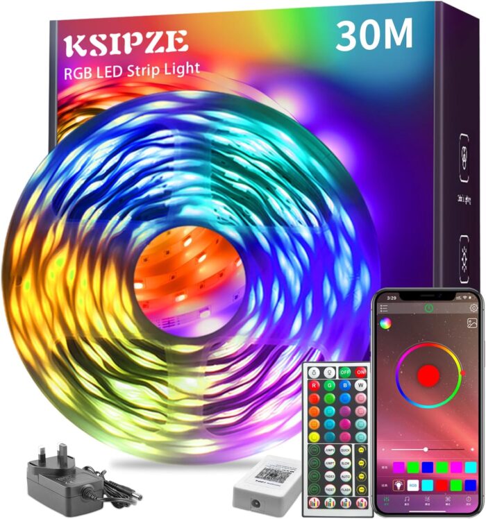 KSIPZE 30m Led Strip Lights RGB Music Sync Color Changing, Led Lights with Smart App Control Remote, Led Lights for Bedroom Lighting Flexible Home Decoration [Energy Class A]