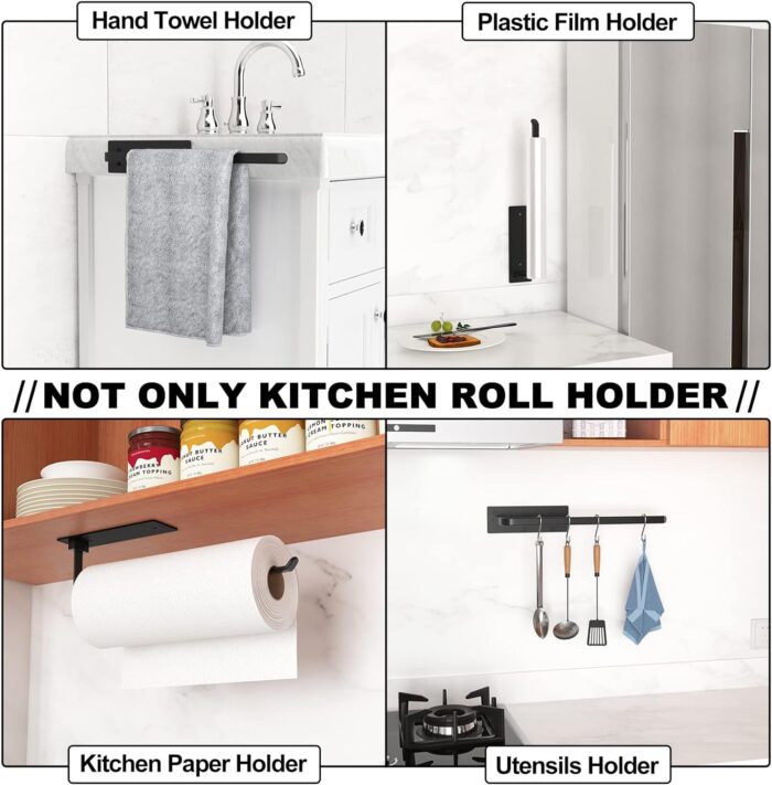 Black Kitchen Roll Holder Under Cabinet,Stainless Steel Paper Towel Holder for Kitchen Self-Adhesive Wall Mounted Paper Towel Rack, Suitable for Pantry, Kitchen,Bathroom - Image 4