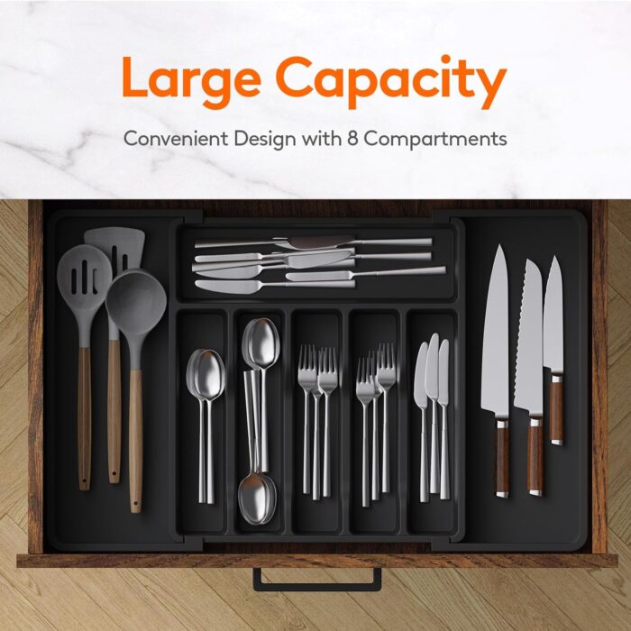 Lifewit Cutlery Drawer Organiser, Expandable Utensil Tray for Kitchen, Adjustable Silverware and Flatware Holder, Compact Plastic Storage for Spoons Forks Knives, Large, Black - Image 2