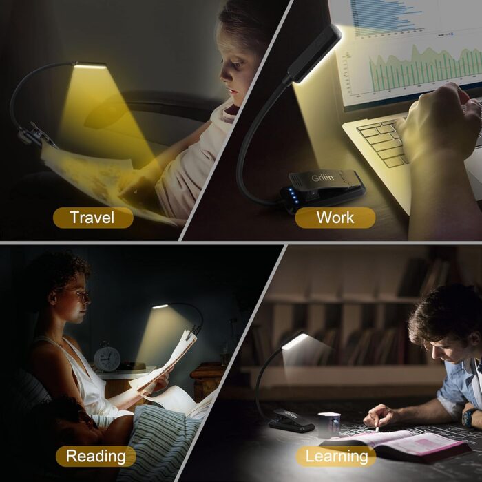 Gritin 9 LED Clip on Book Light, 3 Eye-Protecting Modes Flexible Reading Light Book Lamp (Warm&Cool White Light) -Stepless Dimming, Rechargeable, Long Battery Life, 4-Level Power Indicator [Energy Class A] - Image 5