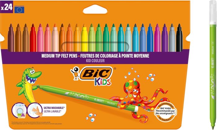 BIC Kids Felt Tip Pens, Kid Colour with Medium Blocked Tip, Vivid Colouring Pens, Washable Markers, Back to School Supplies, 24 Pack - Image 2