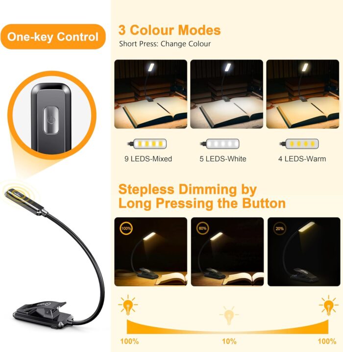 Gritin 9 LED Clip on Book Light, 3 Eye-Protecting Modes Flexible Reading Light Book Lamp (Warm&Cool White Light) -Stepless Dimming, Rechargeable, Long Battery Life, 4-Level Power Indicator [Energy Class A] - Image 3