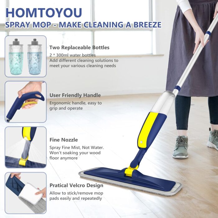 Spray Mop for Cleaning Floors, HOMTOYOU Microfiber Floor Mop Dry Wet Mop with 2 Refillable Bottles and 4 Washable Pads 360° Rotatable Cleaning Mop for Home Kitchen Hardwood Laminate Wood Tiles - Image 3