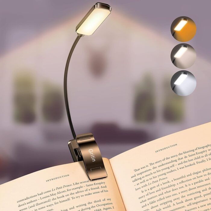 Gritin 9 LED Clip on Book Light, 3 Eye-Protecting Modes Flexible Reading Light Book Lamp (Warm&Cool White Light) -Stepless Dimming, Rechargeable, Long Battery Life, 4-Level Power Indicator [Energy Class A]