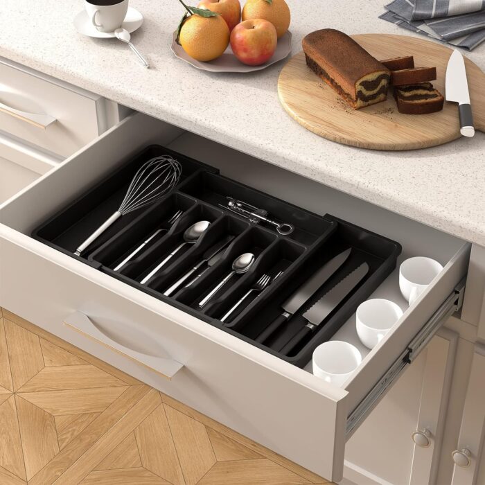 Lifewit Cutlery Drawer Organiser, Expandable Utensil Tray for Kitchen, Adjustable Silverware and Flatware Holder, Compact Plastic Storage for Spoons Forks Knives, Large, Black - Image 4