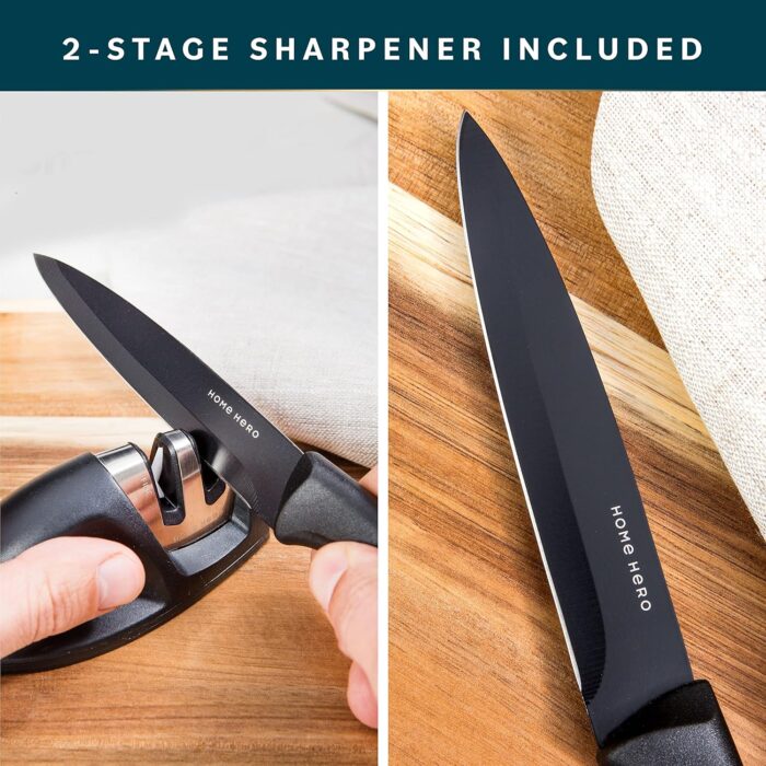 Home Hero Ultra-Sharp Stainless Steel Kitchen Knife Set - Chef Knives Set (7 pcs Set - Black with Knife Block) - Image 5