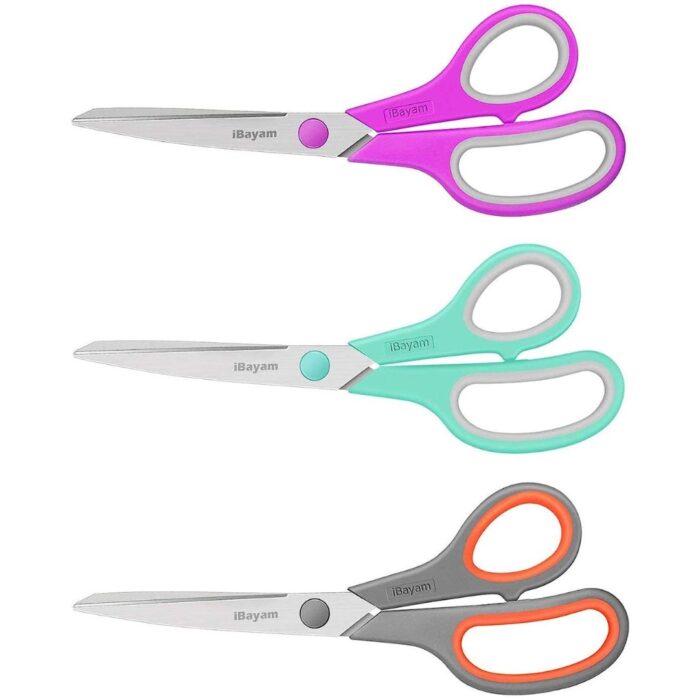 8" Multipurpose Scissors 3 Pack with Ultra Sharp Blades, Comfort-Grip Handles, Sturdy for School Home Office Art Craft Sewing Tailor Heavy Duty