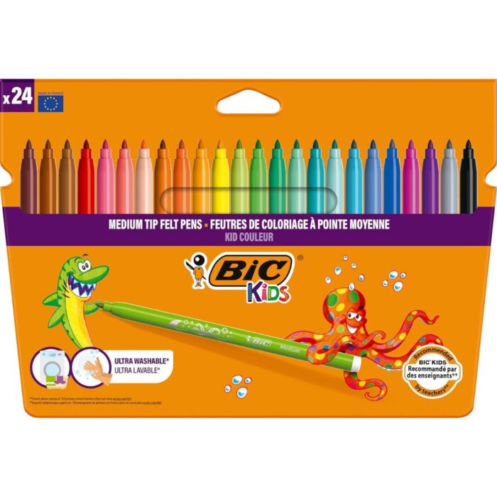 BIC Kids Felt Tip Pens, Kid Colour with Medium Blocked Tip, Vivid Colouring Pens, Washable Markers, Back to School Supplies, 24 Pack